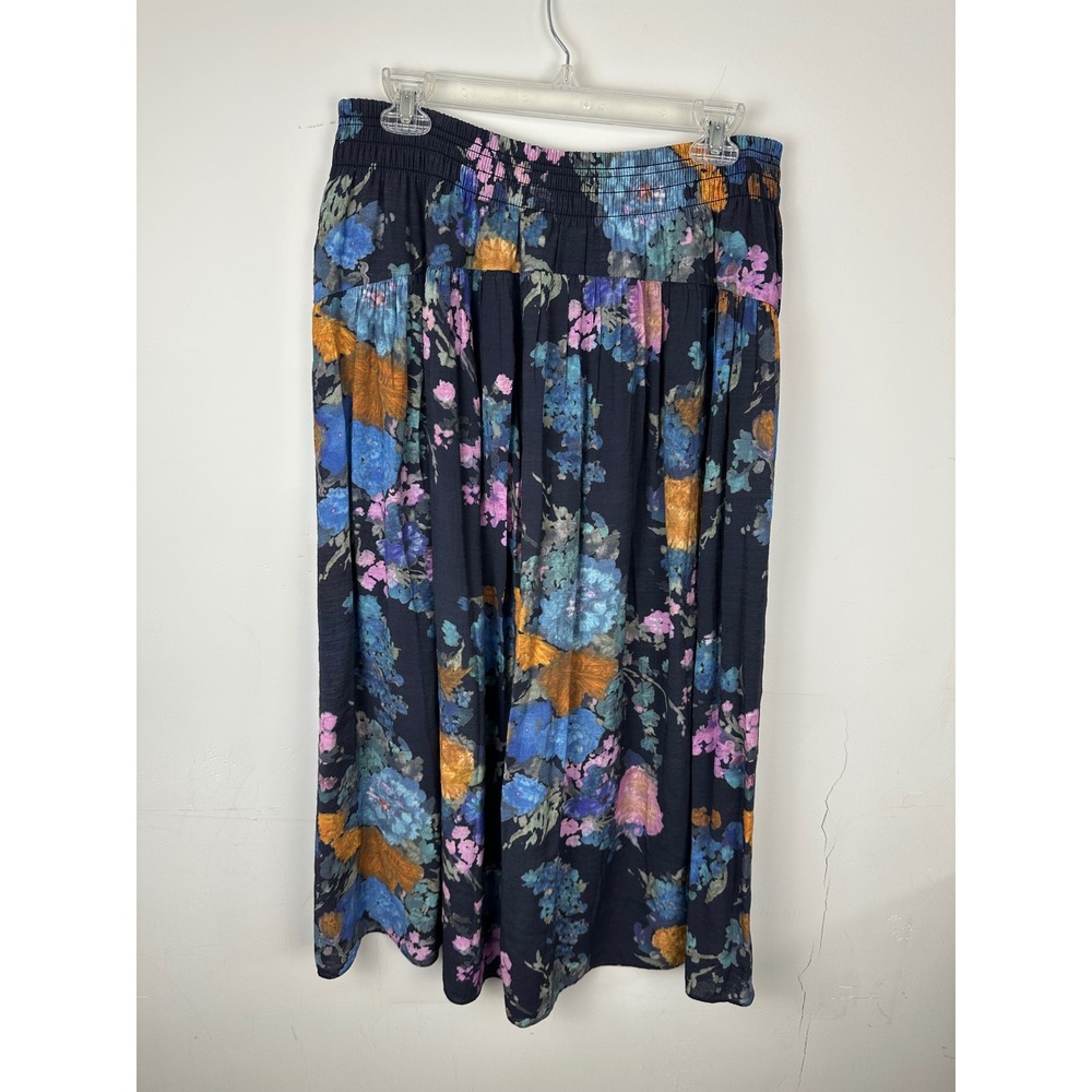 Vince Floral Smocked Waist Midi Skirt Navy Blue Orange Rayon Blend Large - Picture 3 of 9